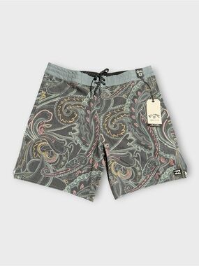 Billabong Men’s Black Paisley Boardshorts with Green and Red Accents